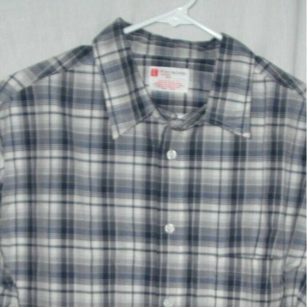 Mens Large Plaid Button-Up Shirt Long Sleeve Cotton/Polyester Blend Blue & White